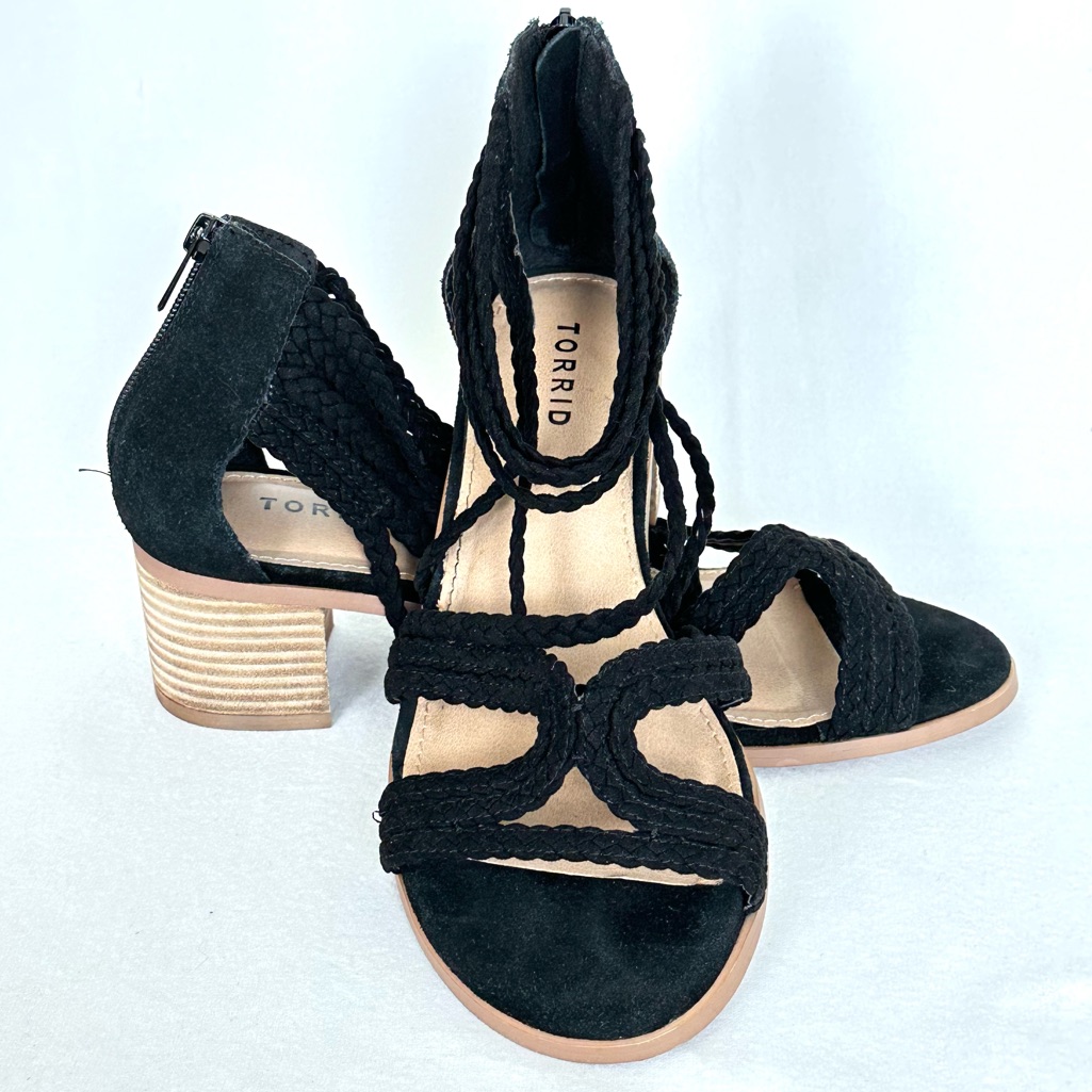 Torrid Multi Braided Black Suede Strappy Sandals With Block Heel, Size 10w